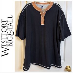 Westport Henley Shirt Top No-Tuck Short Sleeve Black Tan buttons stretch casual